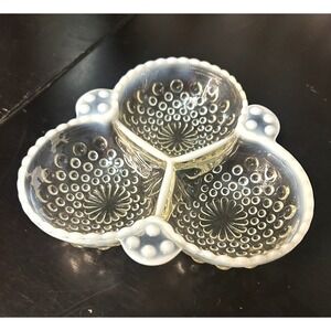 Vintage Fenton Moonstone Hobnail Opalescent 3 Section Condiment Candy Dish